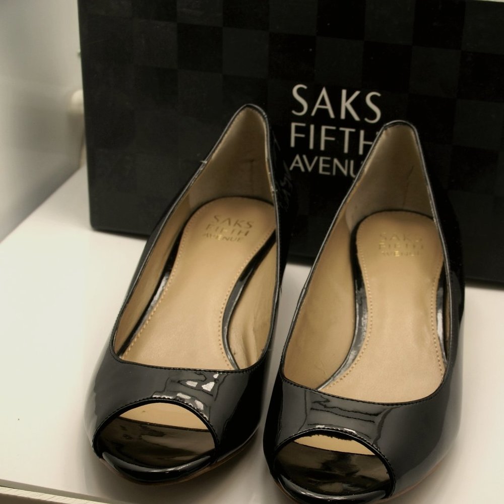 SFA Black Soft Patent Pumps - Open Toe Wedge
